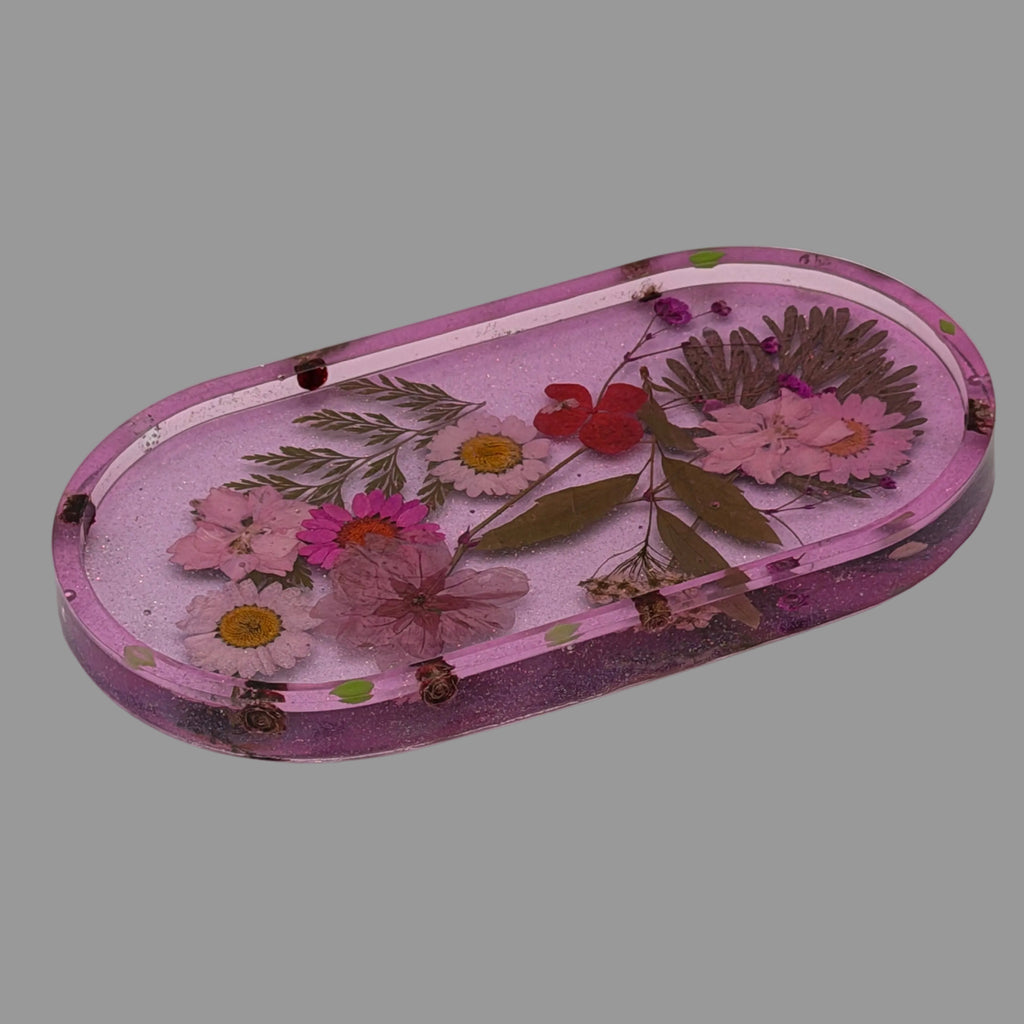 Resin Trinket Tray Pink/Purple with Dried Flowers