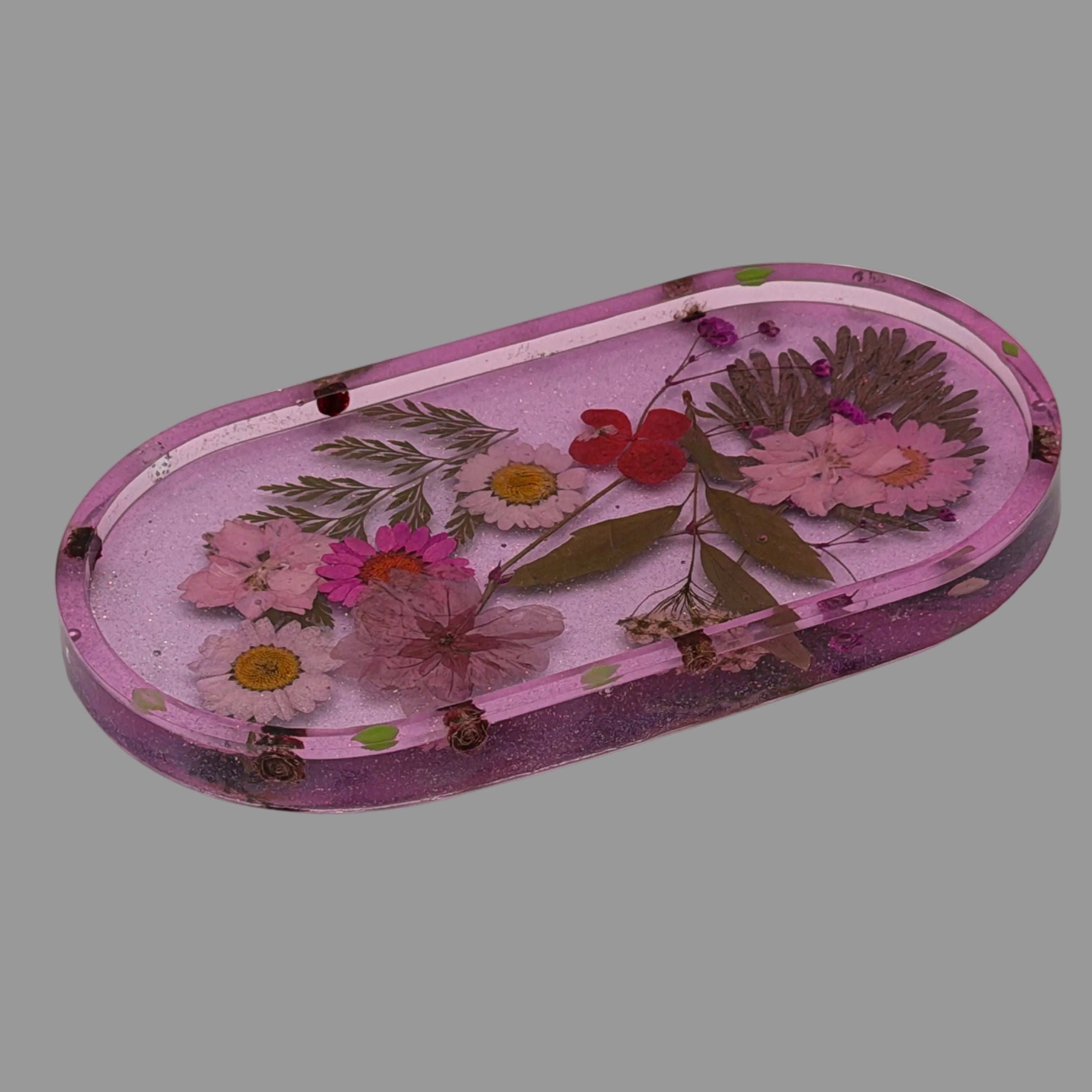 Resin Trinket Tray Pink/Purple with Dried Flowers
