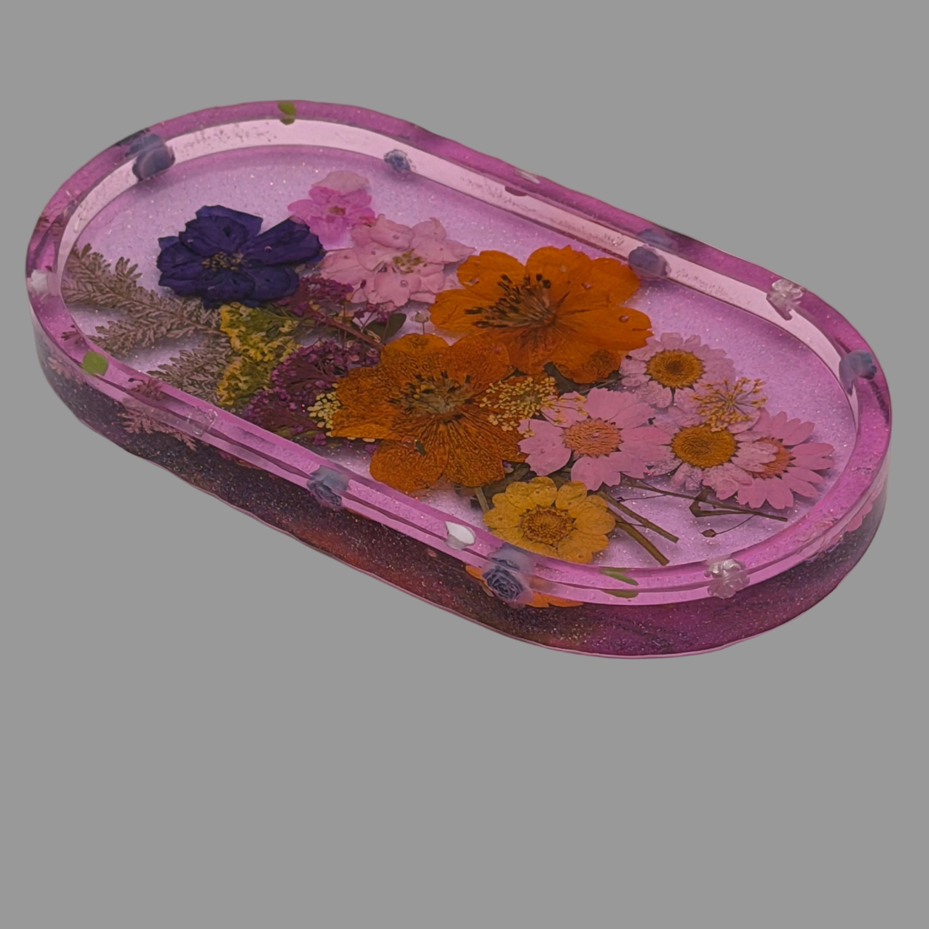 Resin Trinket Tray Pink/Purple with Dried Flowers