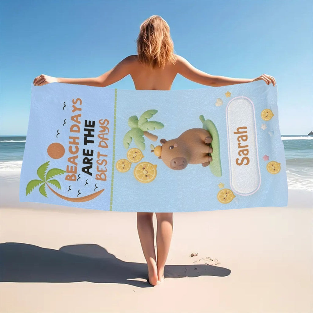 Personalized Capybara Beach Towel | Custom Name | Cute Summer Pool Towel