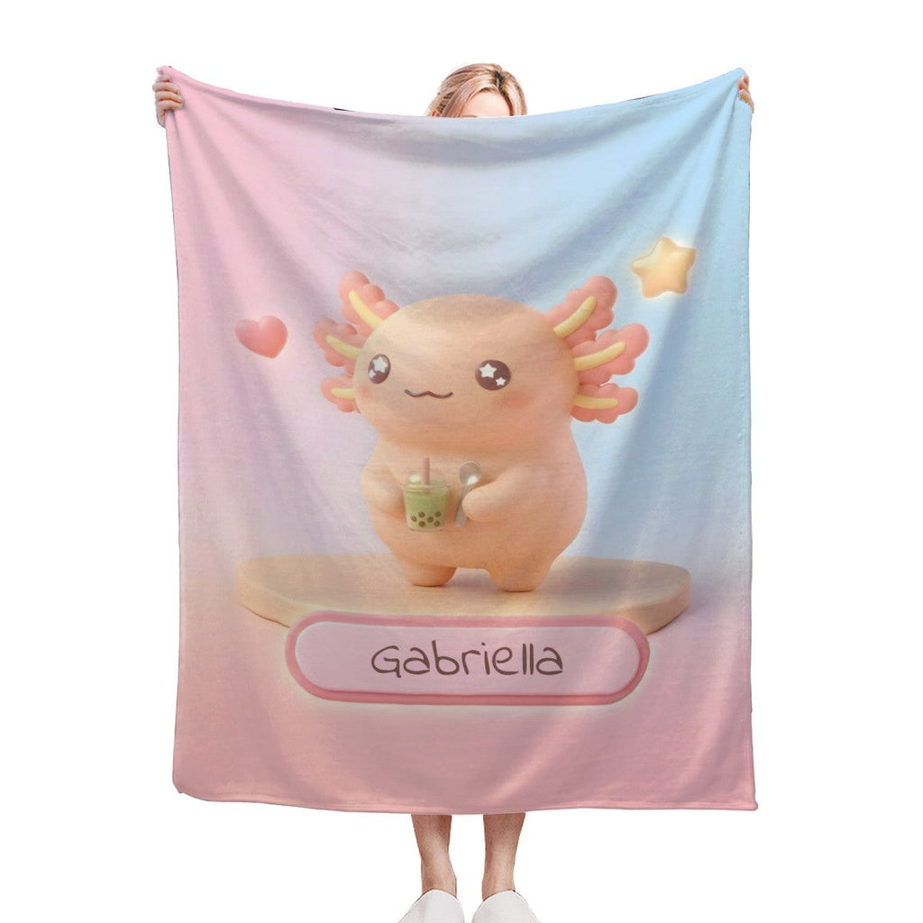Personalized Kawaii Axolotl Blanket | Custom Name | Orange Axolotl Throw