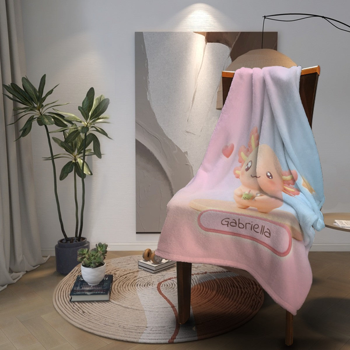 Personalized Kawaii Axolotl Blanket | Custom Name | Orange Axolotl Throw