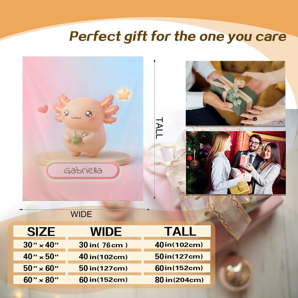 Personalized Kawaii Axolotl Blanket | Custom Name | Orange Axolotl Throw