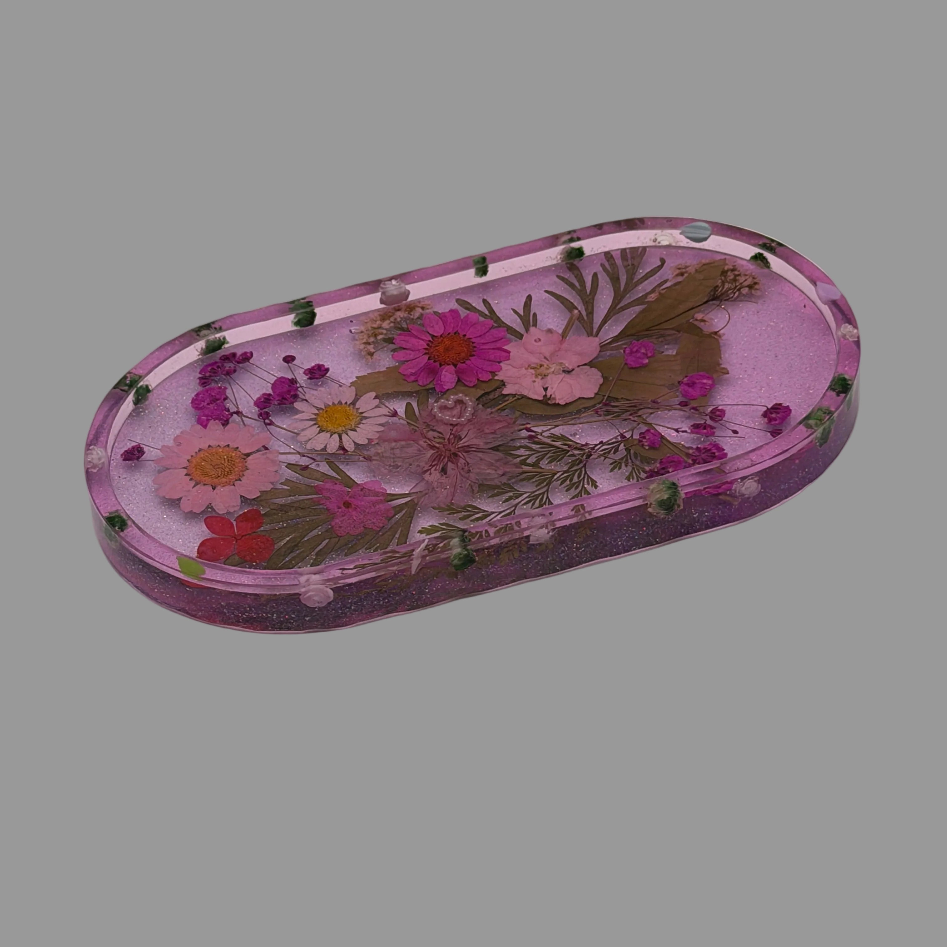 Resin Trinket Tray Pink/Purple with Dried Flowers