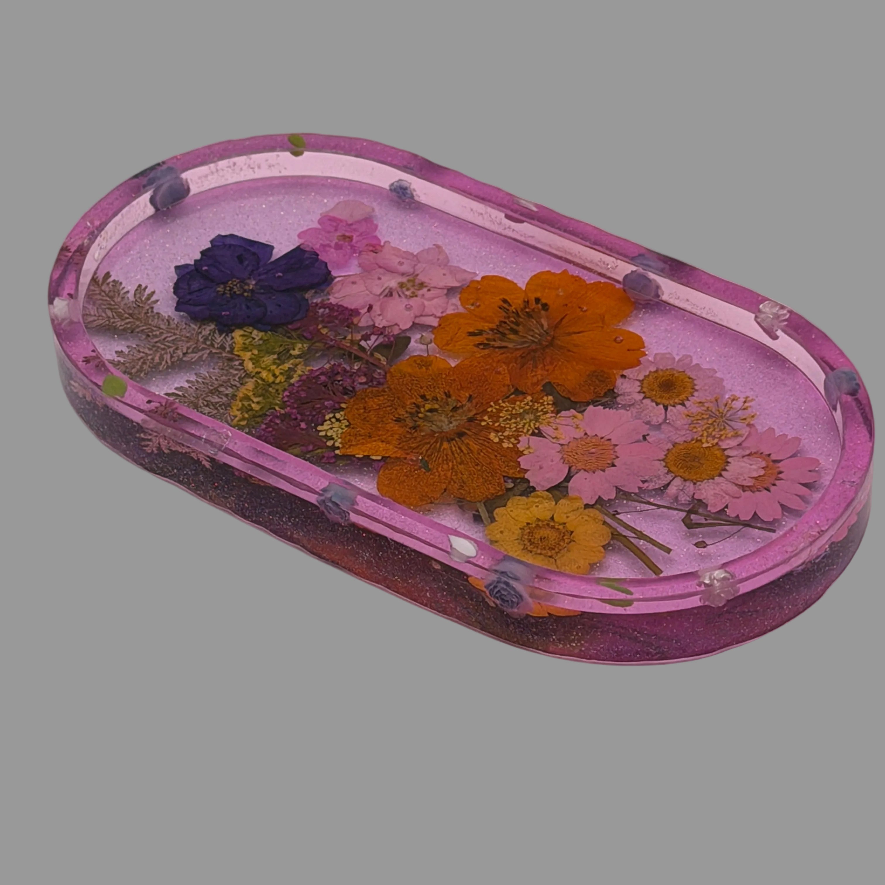 Resin Trinket Tray Pink/Purple with Dried Flowers