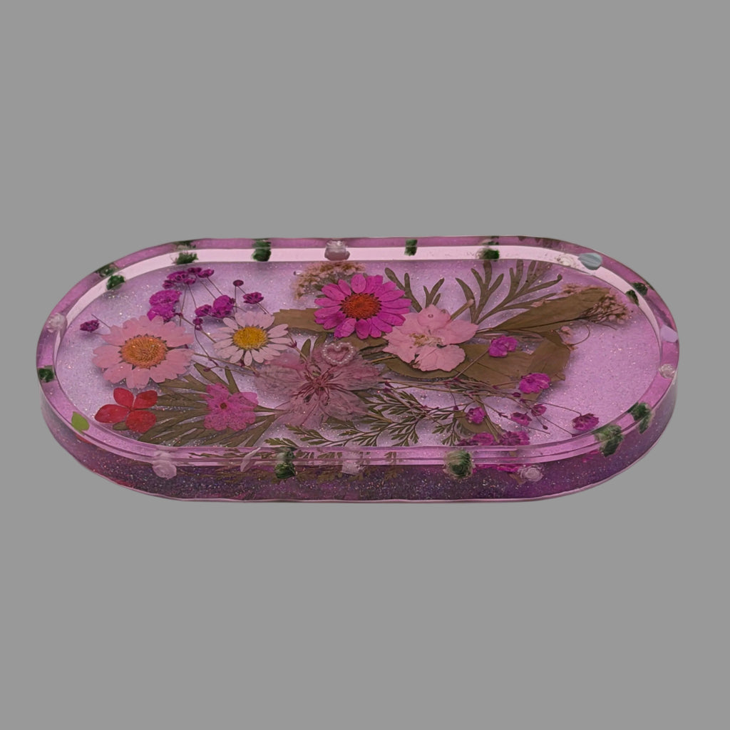 Resin Trinket Tray Pink/Purple with Dried Flowers
