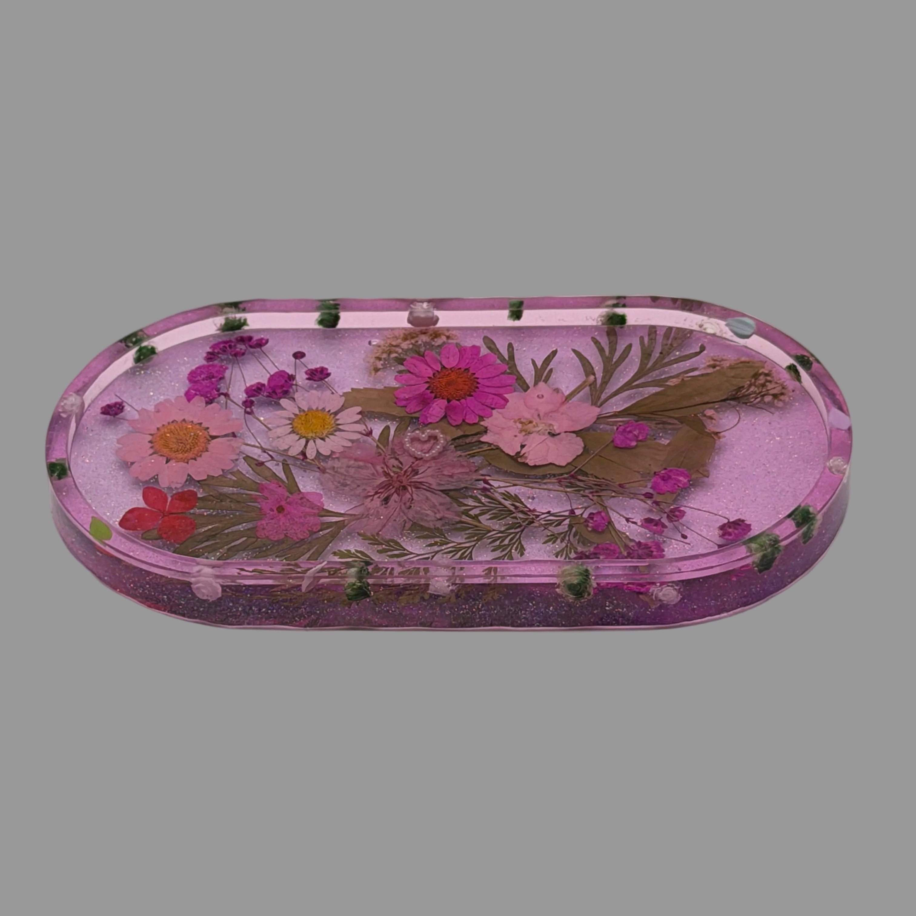Resin Trinket Tray Pink/Purple with Dried Flowers