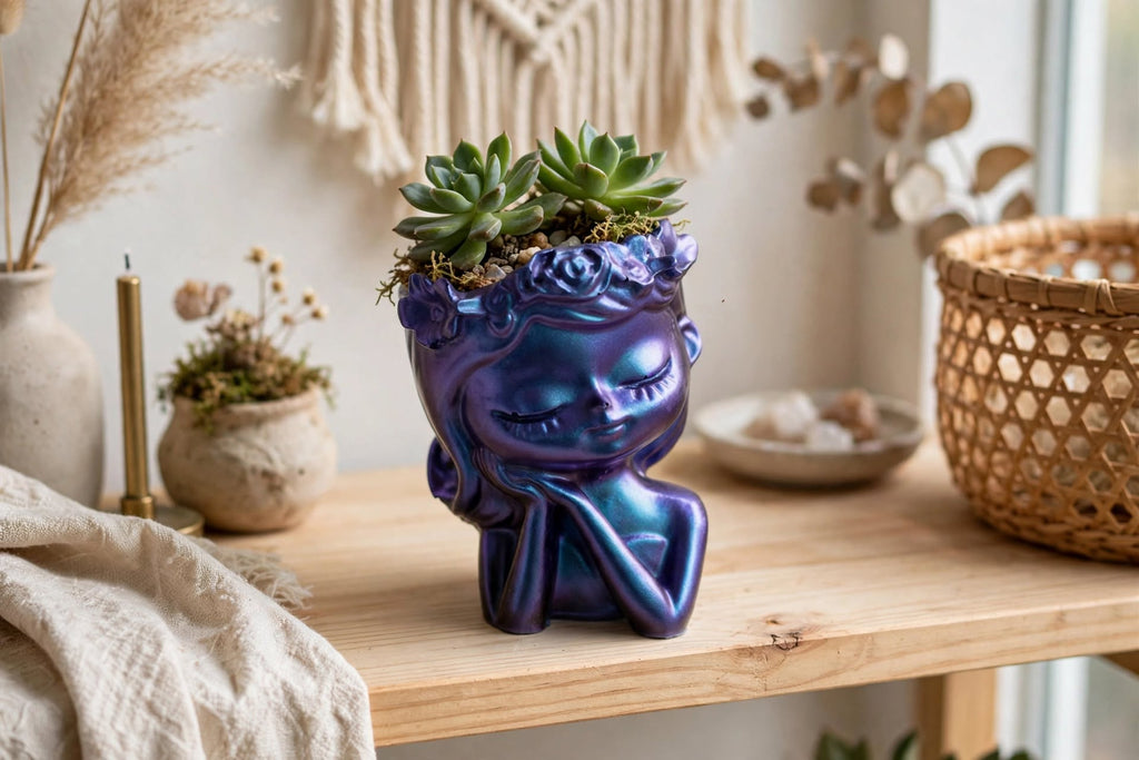 Dreamy Girl Flower Crown Planter - Chameleon Resin Face Pot | Mermaid Succulent Pot
Product