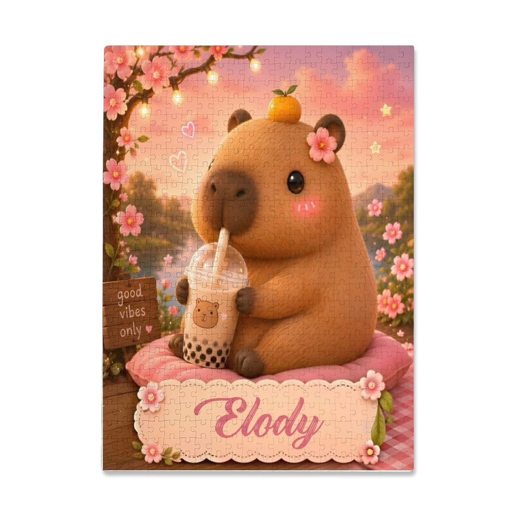 Personalized Capybara Puzzle | Custom Name | Good Vibes Pink Blossom 500-Piece Jigsaw Gift