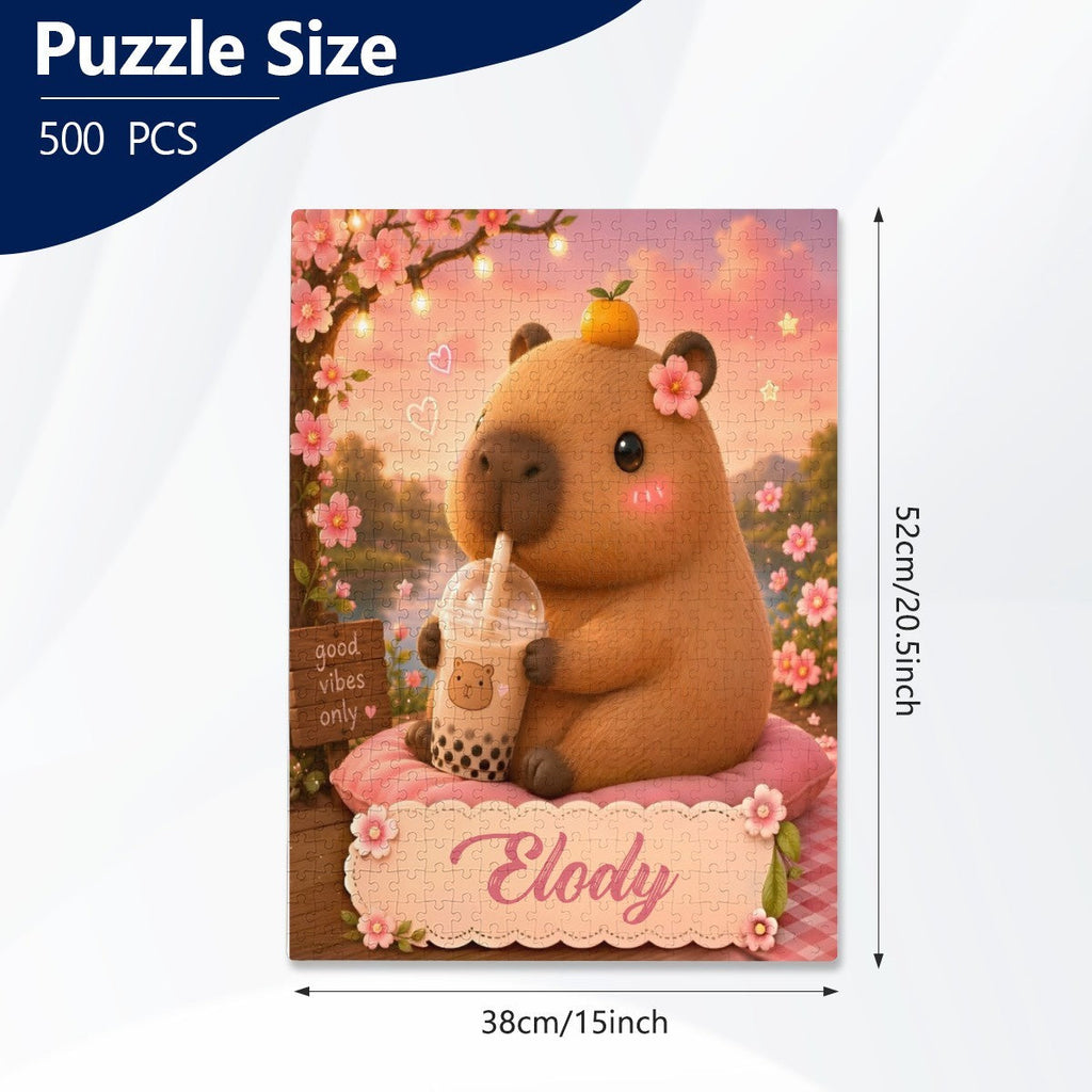 Personalized Capybara Puzzle | Custom Name | Good Vibes Pink Blossom 500-Piece Jigsaw Gift