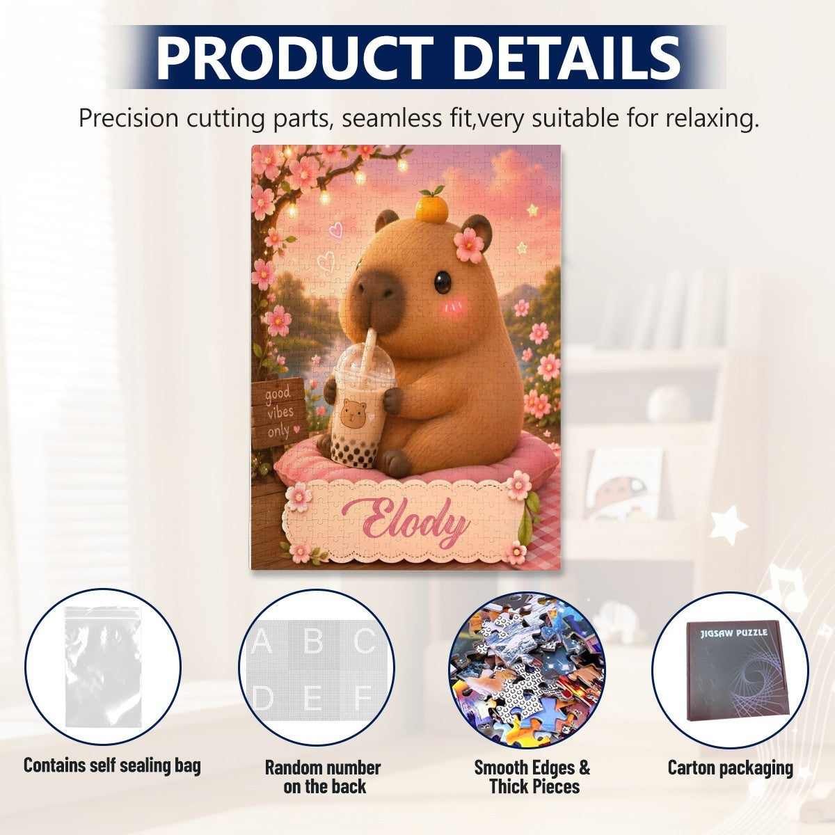 Personalized Capybara Puzzle | Custom Name | Good Vibes Pink Blossom 500-Piece Jigsaw Gift
