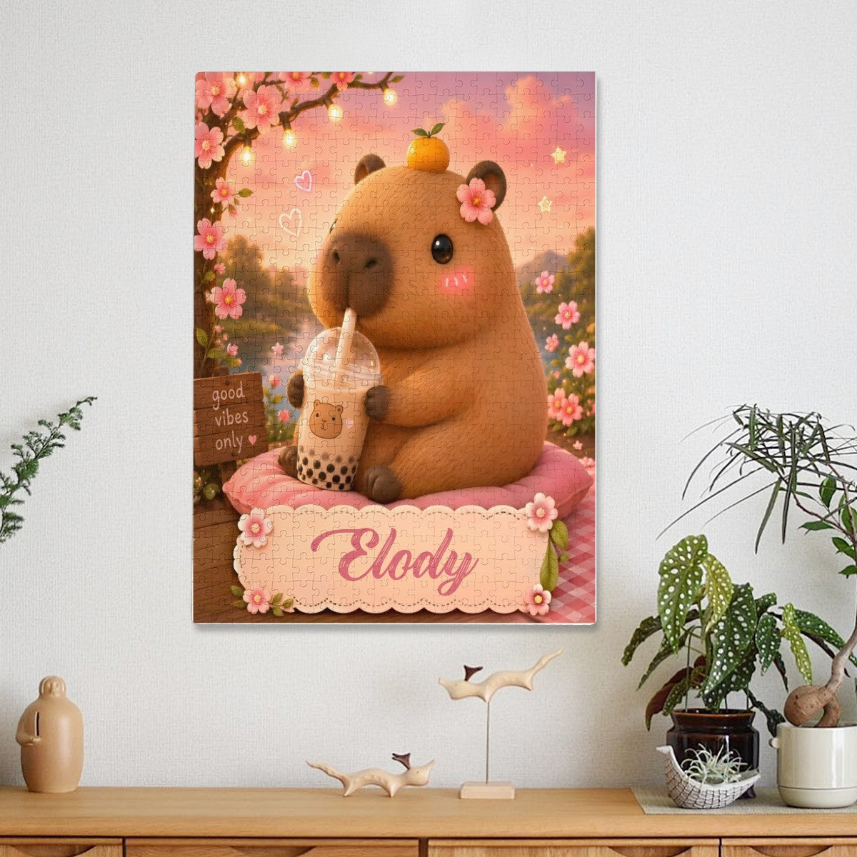 Personalized Capybara Puzzle | Custom Name | Good Vibes Pink Blossom 500-Piece Jigsaw Gift
