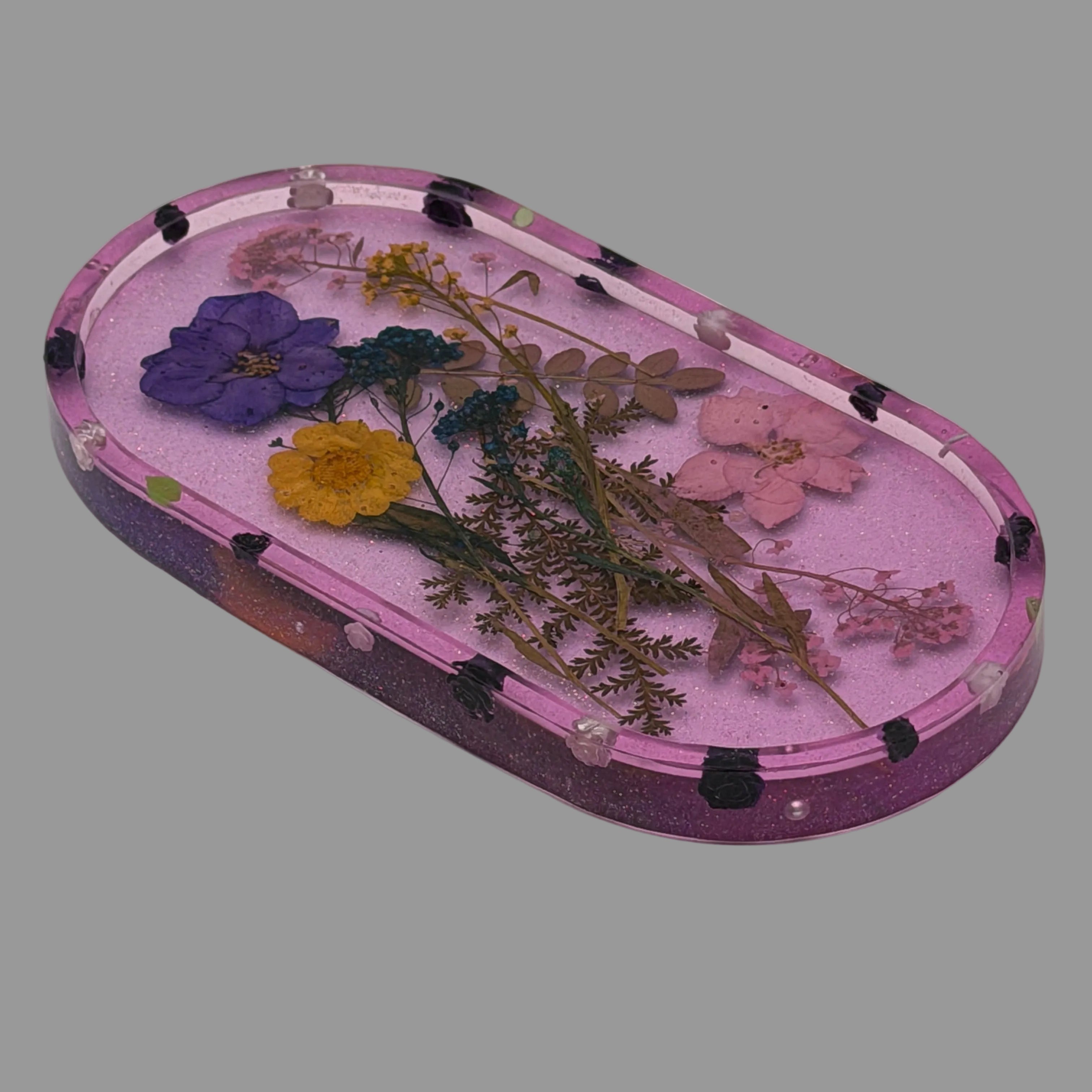 Resin Trinket Tray Pink/Purple with Dried Flowers