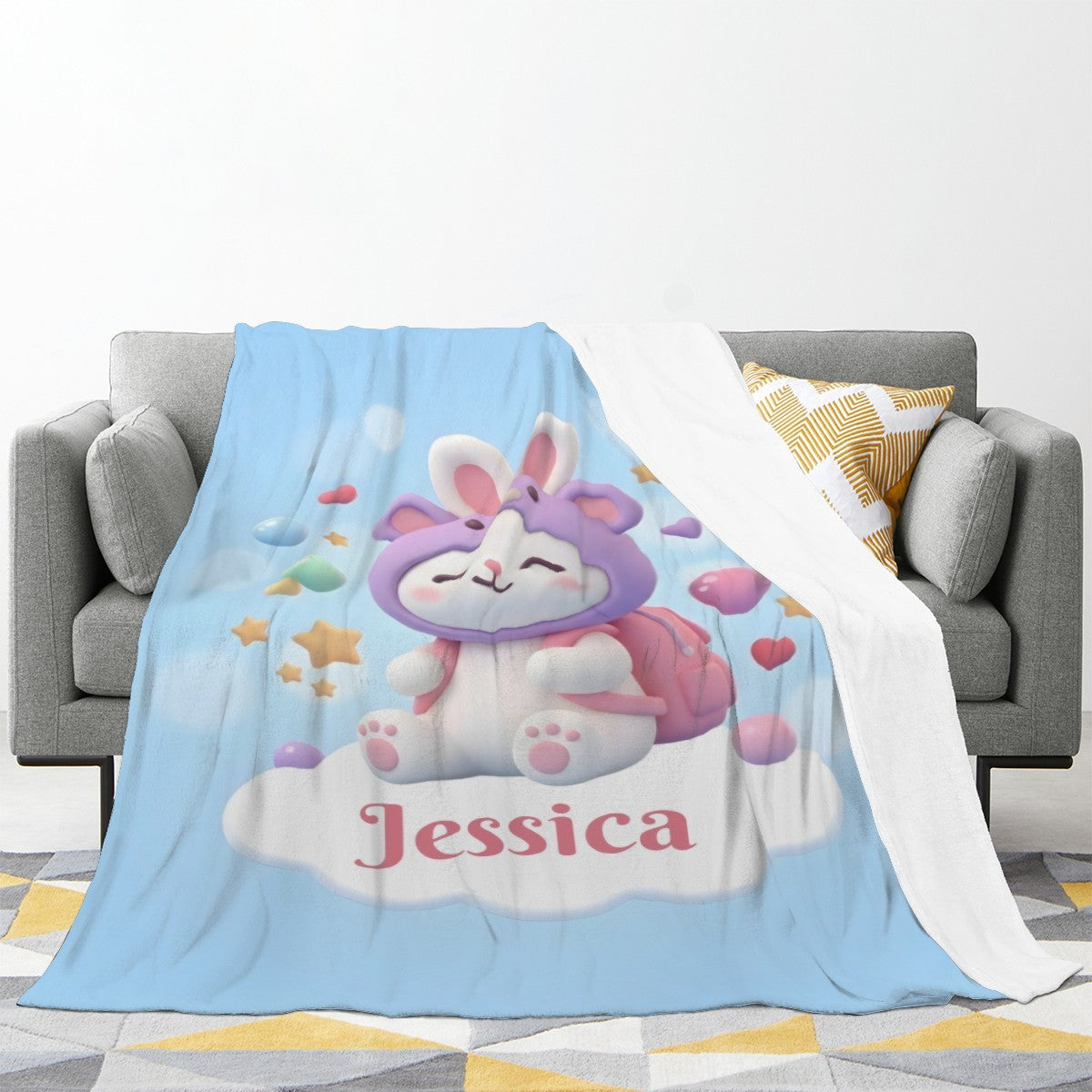 Personalized Kawaii Bunny Blanket | Custom Name | Purple Bunny Hood Throw