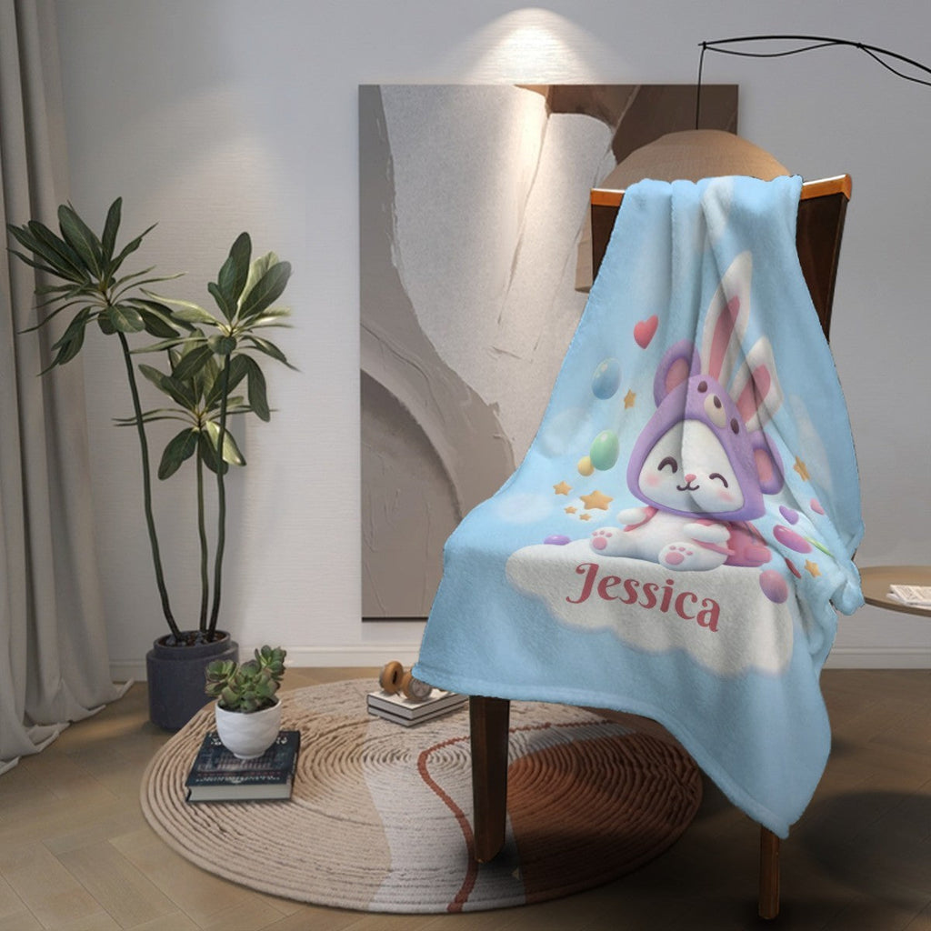 Personalized Kawaii Bunny Blanket | Custom Name | Purple Bunny Hood Throw