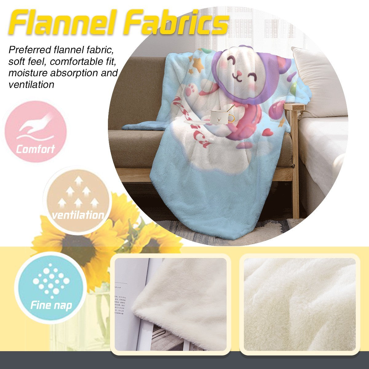 Personalized Kawaii Bunny Blanket | Custom Name | Purple Bunny Hood Throw