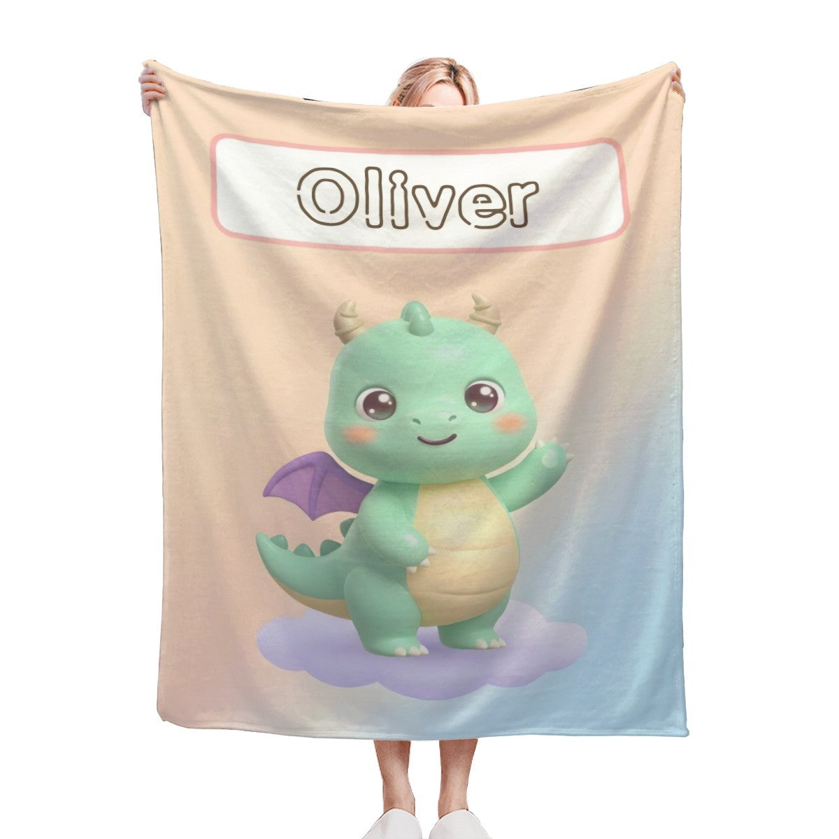 Personalized Kawaii Green Dragon Blanket | Custom Name | Cute Dragon Throw