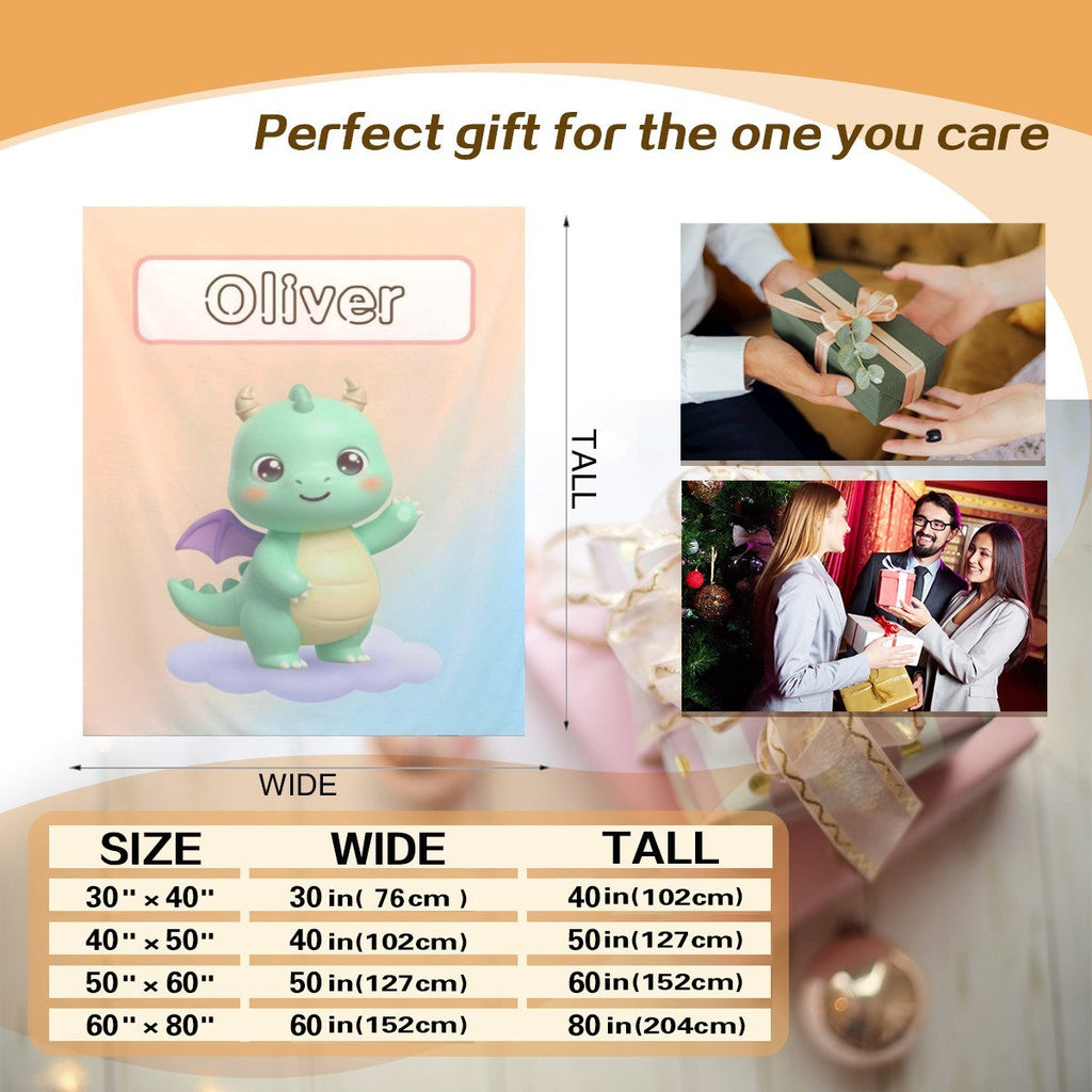 Personalized Kawaii Green Dragon Blanket | Custom Name | Cute Dragon Throw