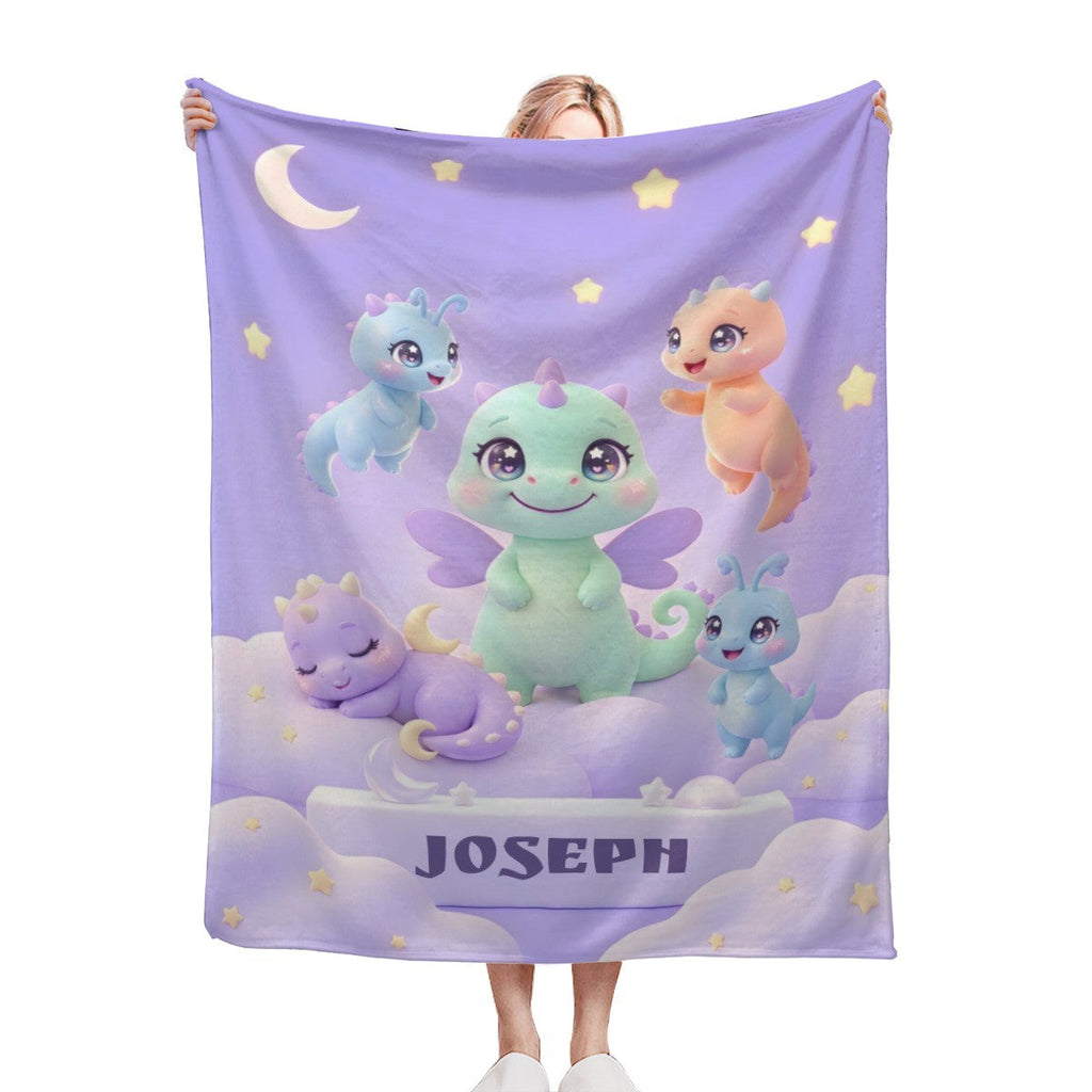 Personalized Kawaii Dragon Family Blanket | Custom Name | Pastel Fantasy Dragon Throw