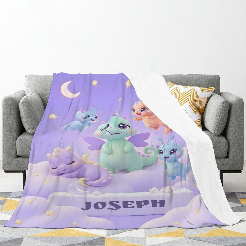 Personalized Kawaii Dragon Family Blanket | Custom Name | Pastel Fantasy Dragon Throw