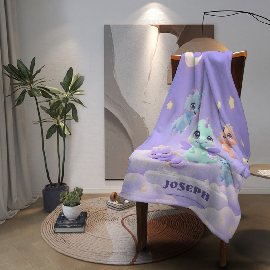 Personalized Kawaii Dragon Family Blanket | Custom Name | Pastel Fantasy Dragon Throw