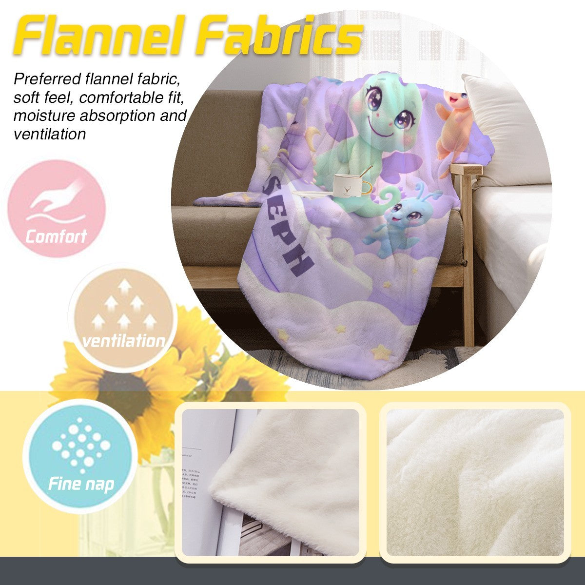 Personalized Kawaii Dragon Family Blanket | Custom Name | Pastel Fantasy Dragon Throw