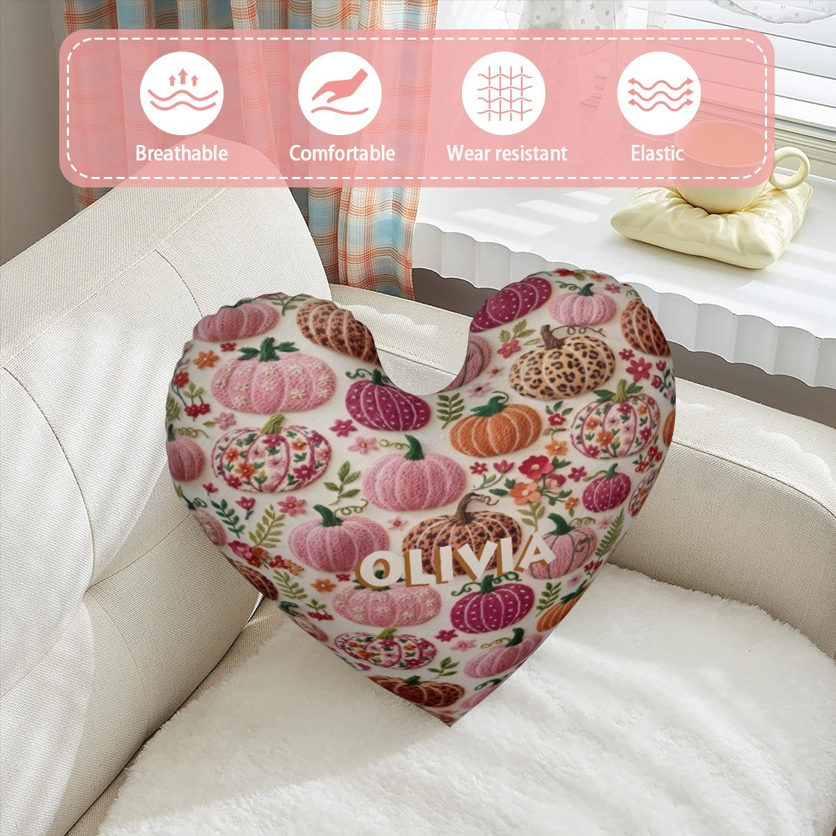 Personalized Pumpkin Heart Pillow | Custom Name | Fall Autumn Harvest Decorative Cushion Gift
