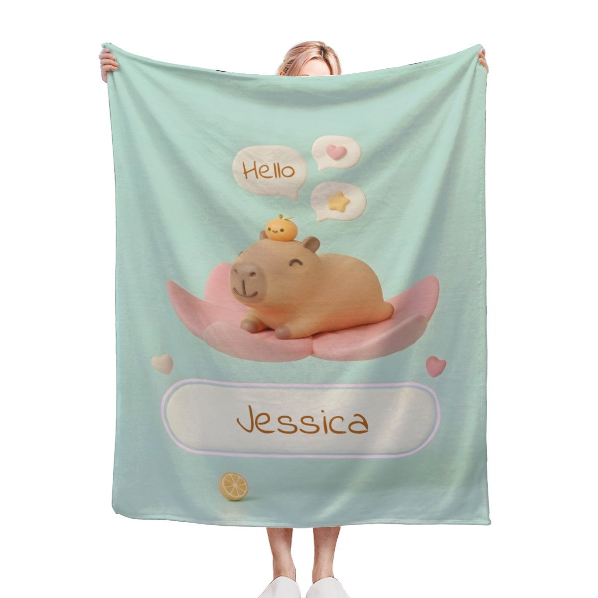 Personalized Kawaii Capybara Blanket | Custom Name | Mint Green Cute Lily Pad Fleece Throw Gift