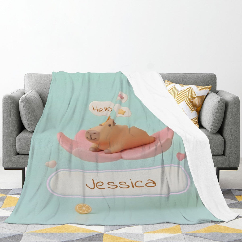 Personalized Kawaii Capybara Blanket | Custom Name | Mint Green Cute Lily Pad Fleece Throw Gift