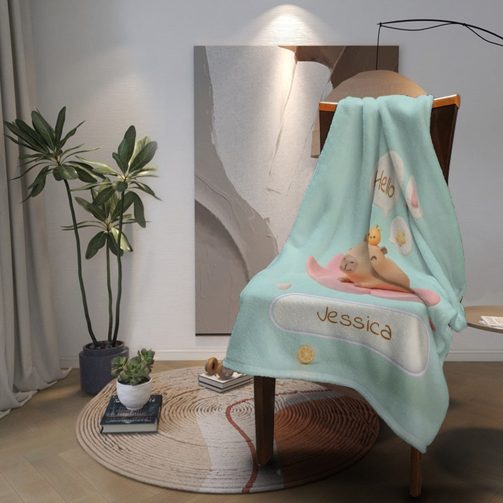 Personalized Kawaii Capybara Blanket | Custom Name | Mint Green Cute Lily Pad Fleece Throw Gift