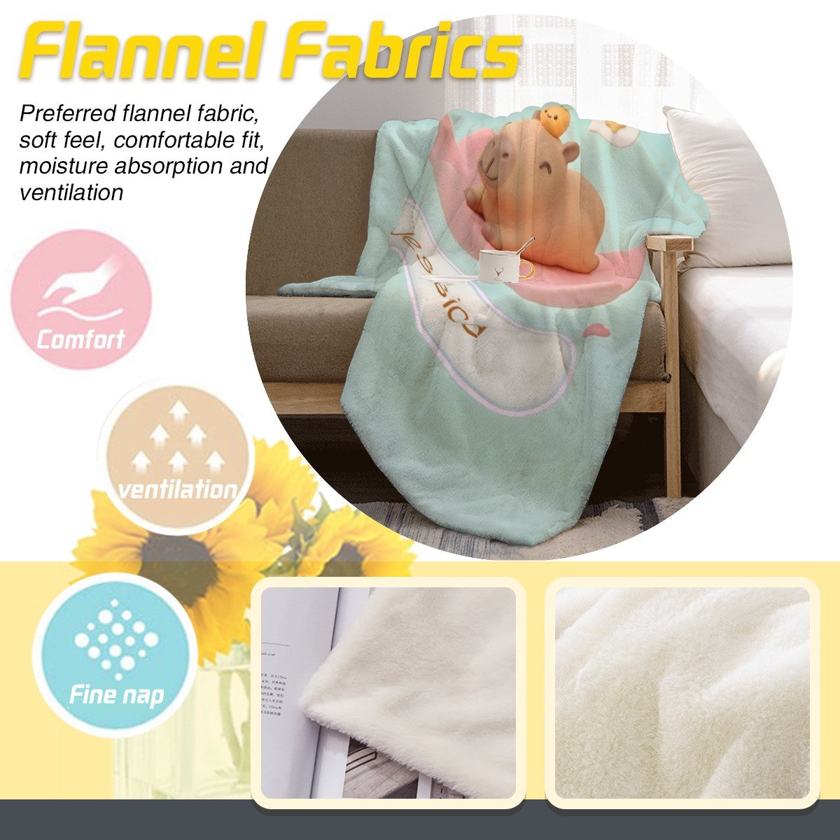Personalized Kawaii Capybara Blanket | Custom Name | Mint Green Cute Lily Pad Fleece Throw Gift