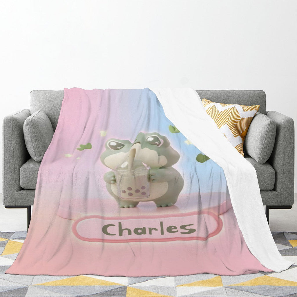 Personalized Kawaii Frog Boba Tea Blanket | Custom Name | Cute Frog Throw