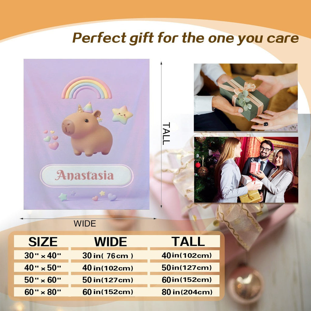 Personalized Kawaii Unicorn Capybara Blanket | Custom Name Gift
