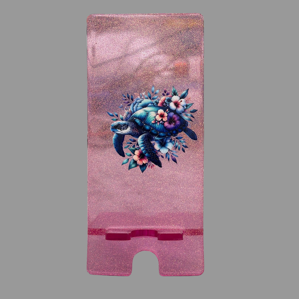 Floral Sea Turtle Pink Glitter Resin Phone & Tablet Stand