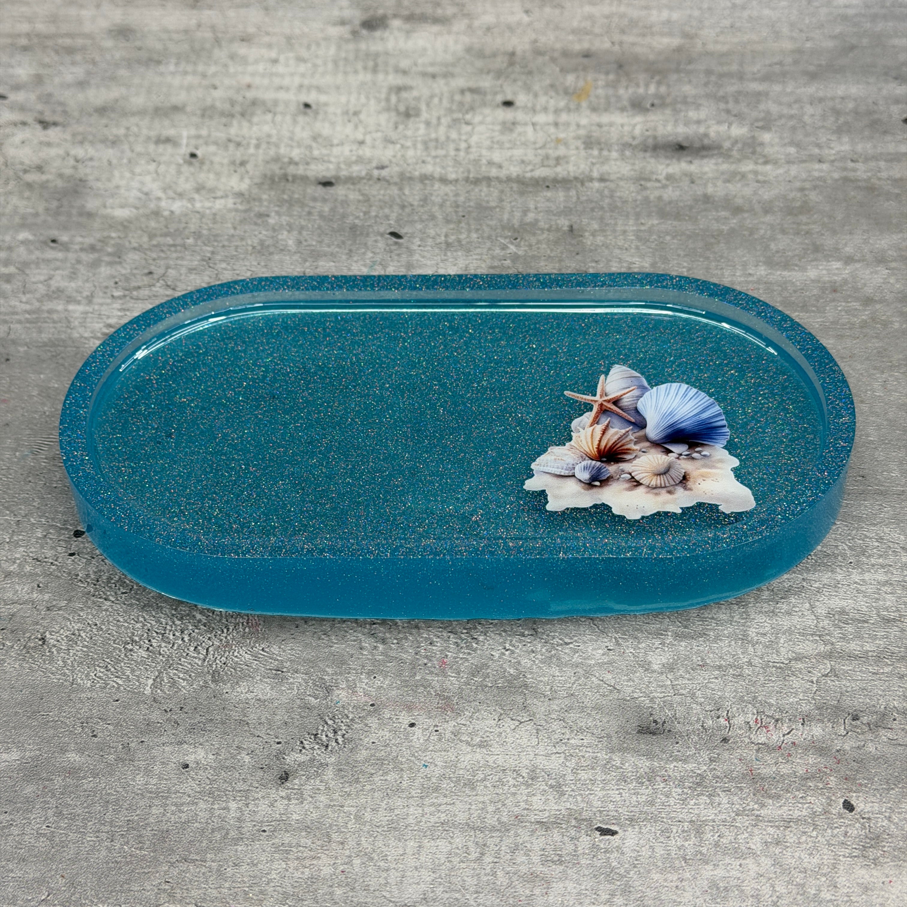 Ocean Sparkle Coastal Trinket Tray - Teal Glitter Resin Oval Dish with Seashell Cluster - Beach Bathroom Decor