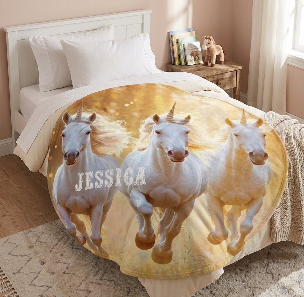 Personalized Round Unicorn Blanket | Custom Name | Three White Unicorns Golden Fantasy Throw Gift
