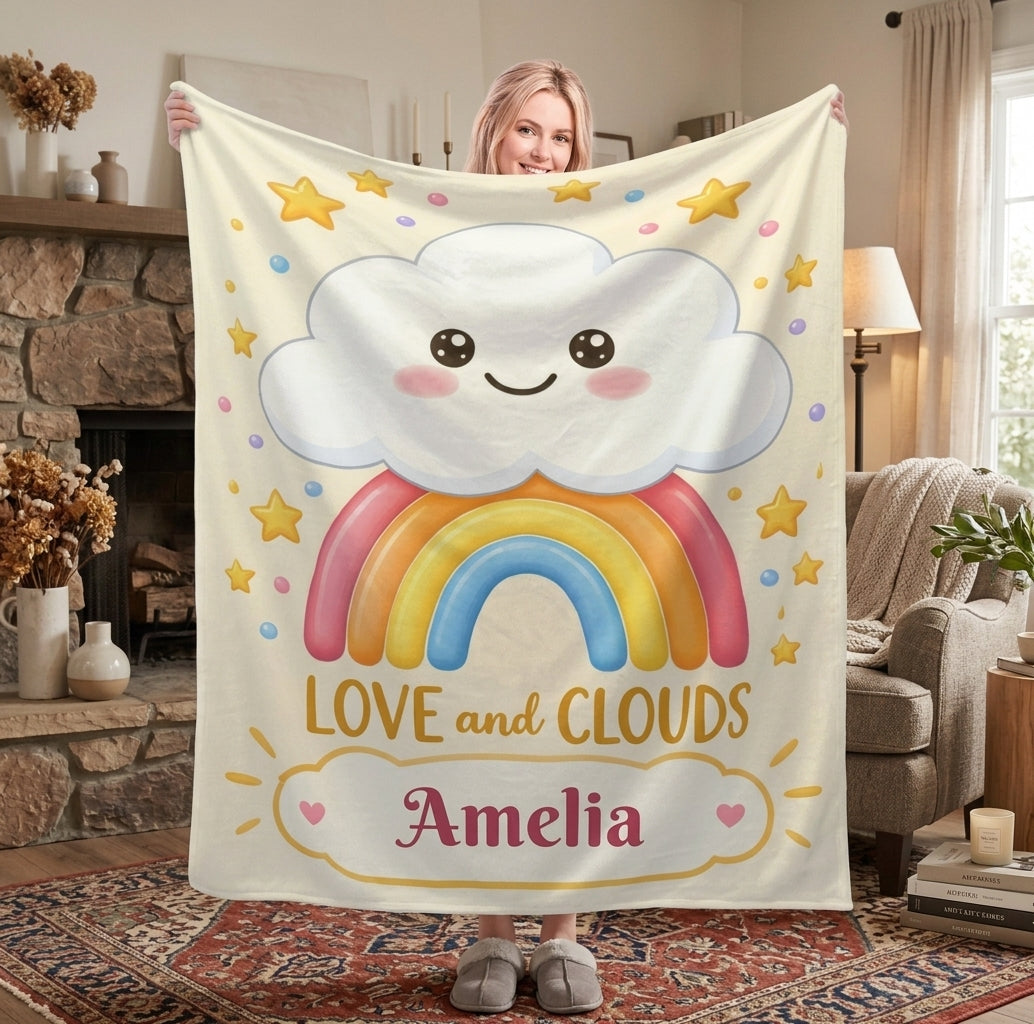 Personalized Kawaii Rainbow Cloud Blanket | Custom Name Gift