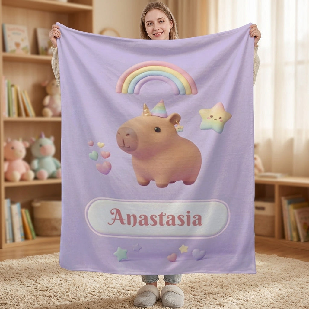 Personalized Kawaii Unicorn Capybara Blanket | Custom Name Gift