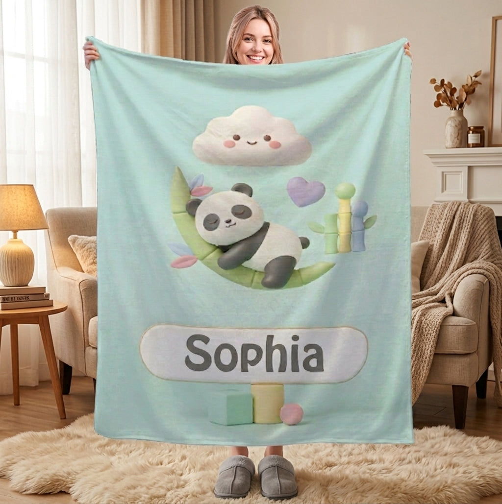 Personalized Kawaii Panda Blanket | Custom Name | Sleepy Panda Pastel Cloud Mint Blue Fleece Throw Gift