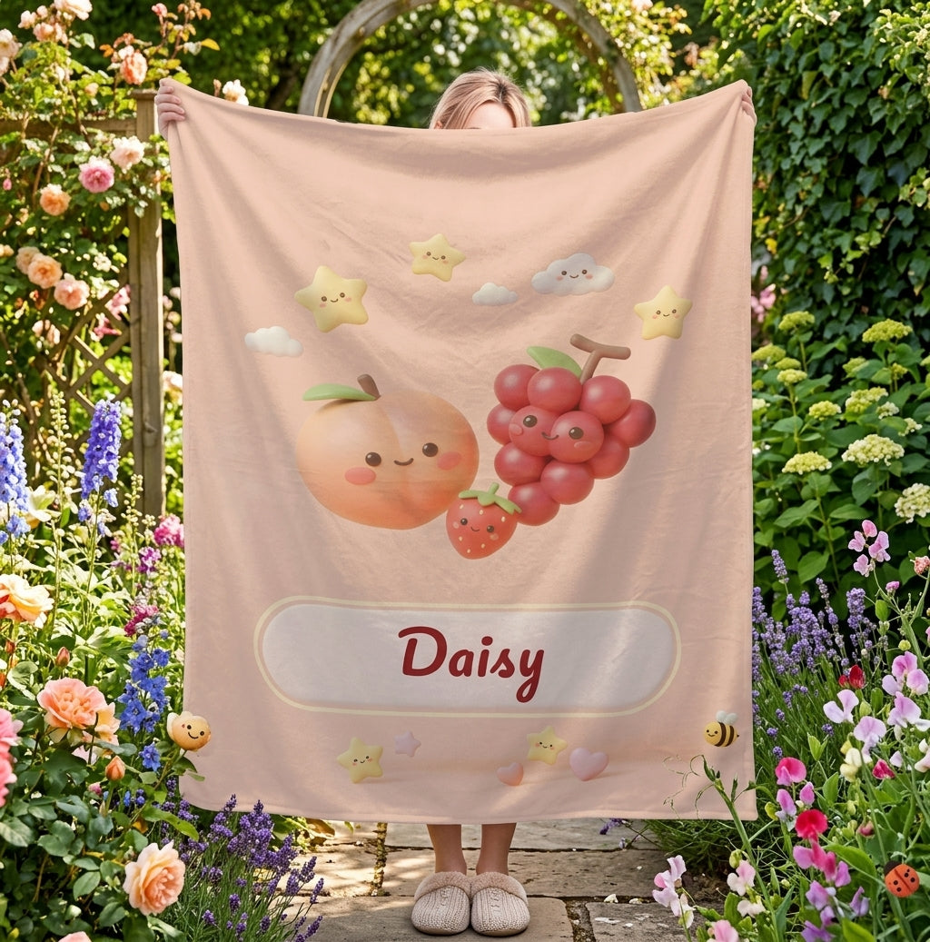 Personalized Kawaii Fruit Blanket | Custom Name Gift Kawaii Throw | Peach, Grapes, Strawberry