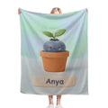 Personalized Kawaii Blueberry Blanket | Custom Name | Cute Potted Berry Mint Blue Fleece Throw Gift