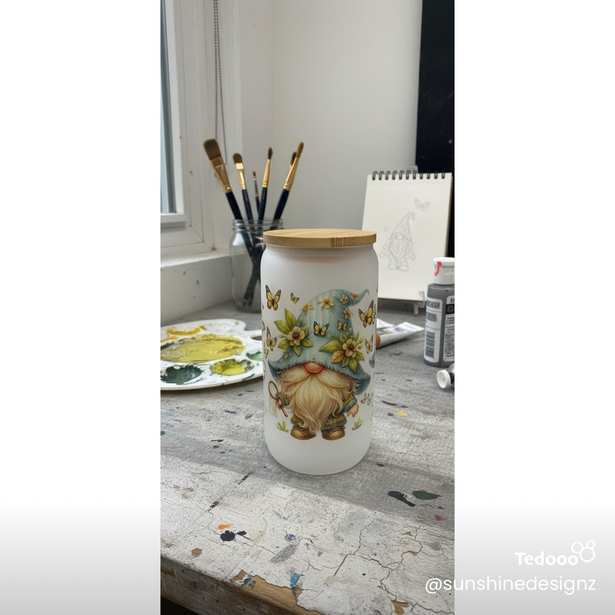 16 oz Glass Can with Bamboo Lid, Straw and brush