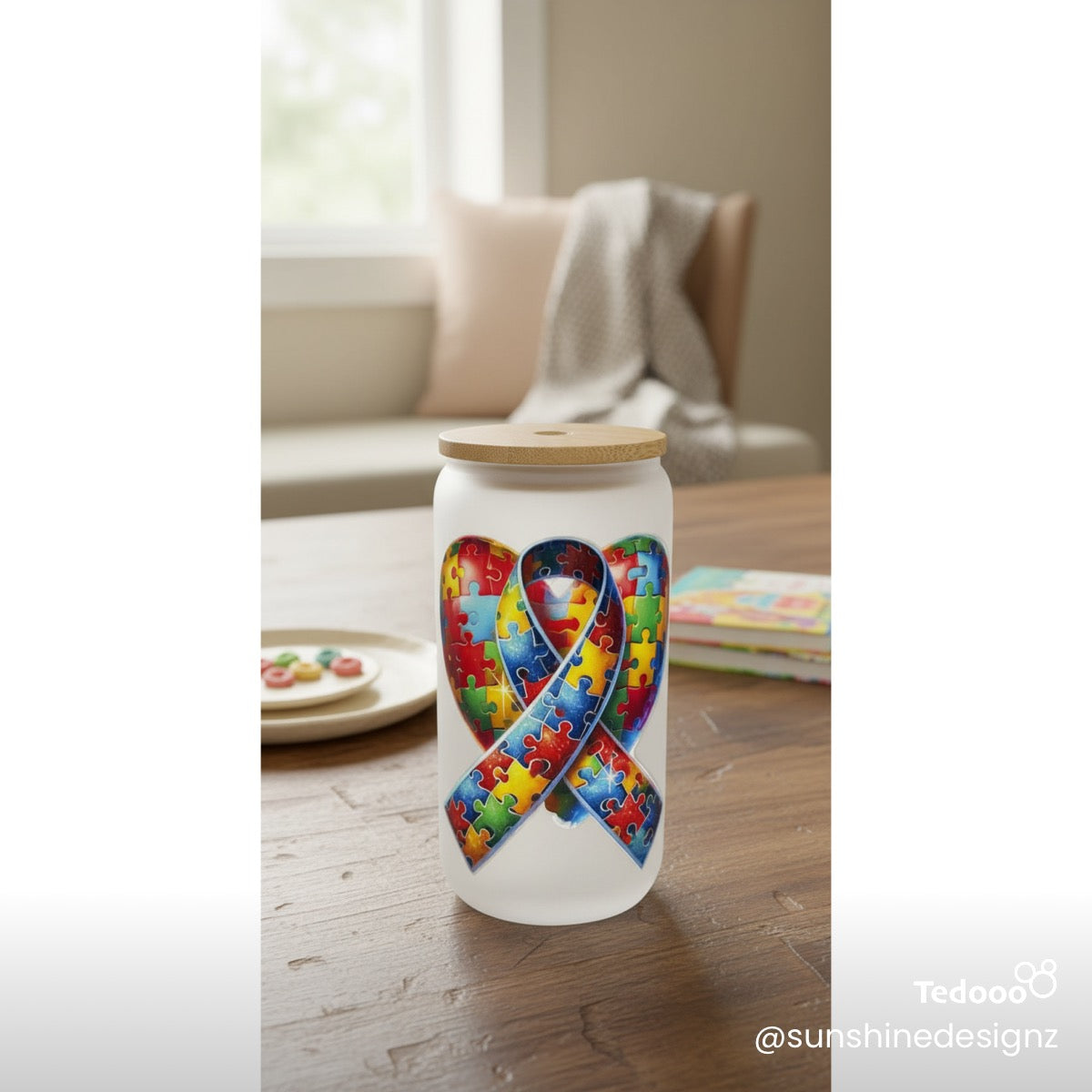 16 oz Glass Can with Bamboo Lid, Straw and brush