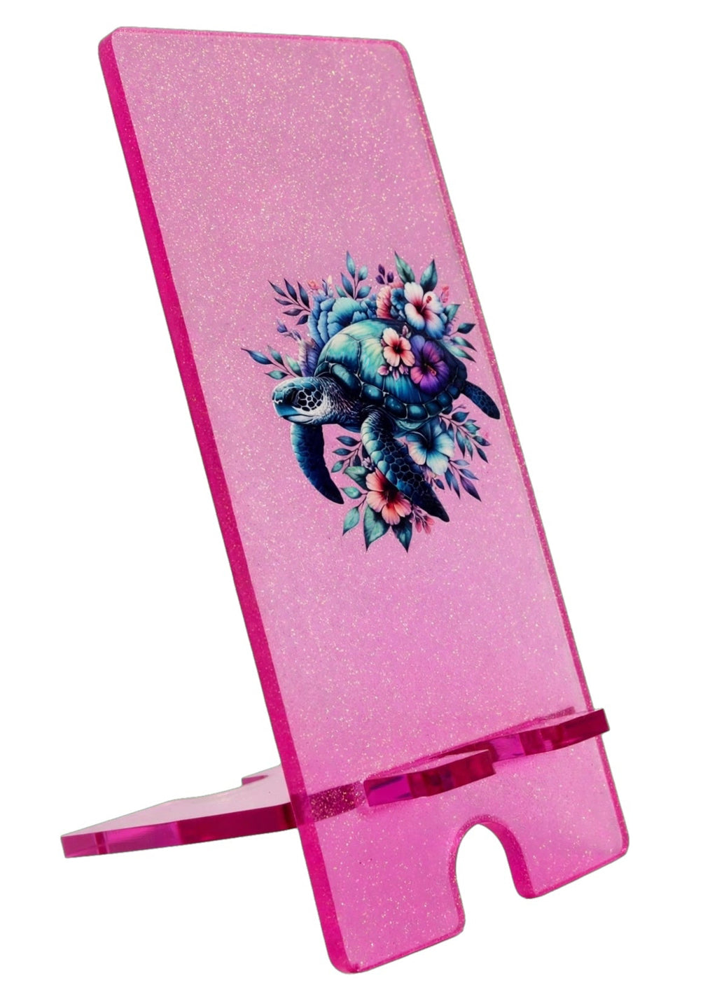 Floral Sea Turtle Pink Glitter Resin Phone & Tablet Stand