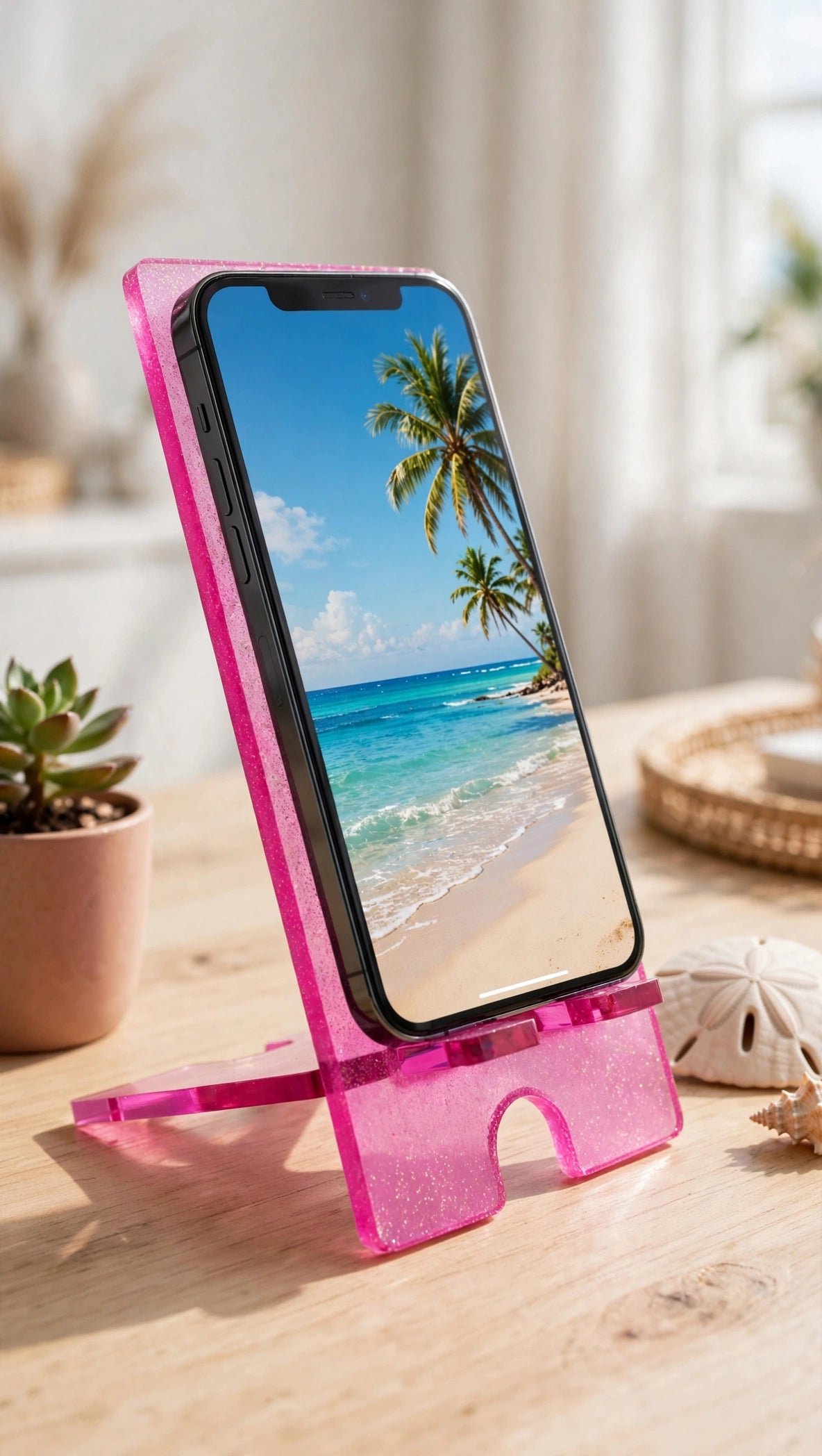 Floral Sea Turtle Pink Glitter Resin Phone & Tablet Stand