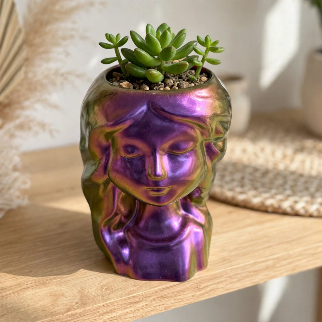 Iridescent Goddess Head Planter - Chameleon Purple Resin Face Vase | Boho Storage Cup
