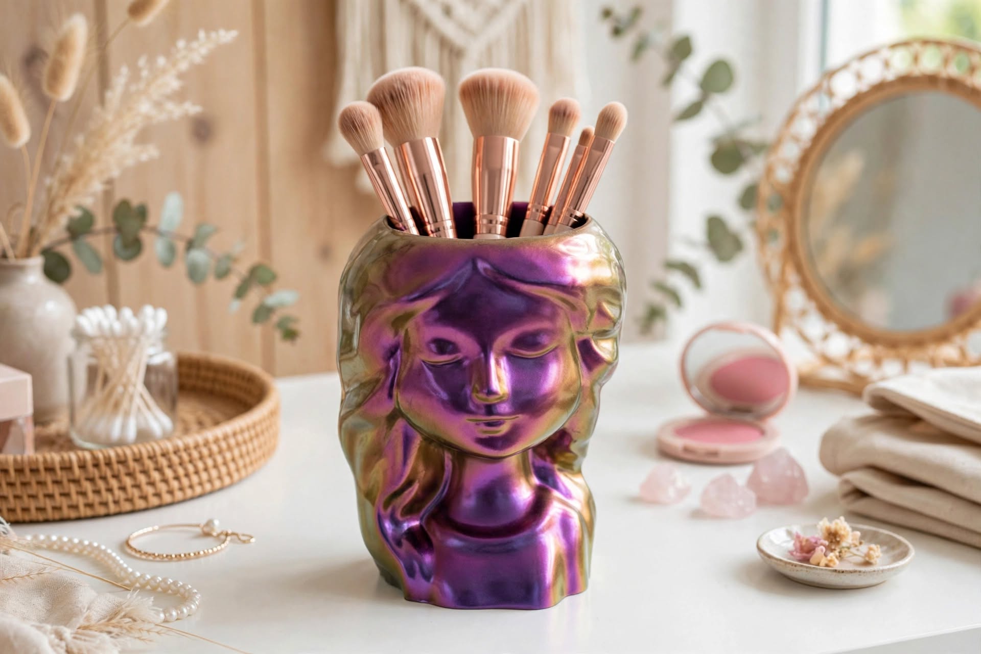 Iridescent Goddess Head Planter - Chameleon Purple Resin Face Vase | Boho Storage Cup