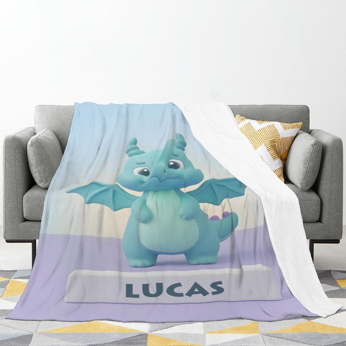 Personalized Kawaii Blue Dragon Blanket | Custom Name | Cute Dragon Throw