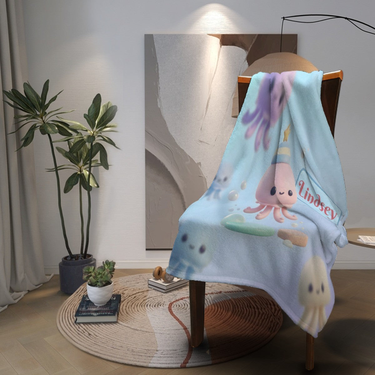 Personalized Kawaii Pink Octopus Blanket | Custom Name | Cute Octopus Throw