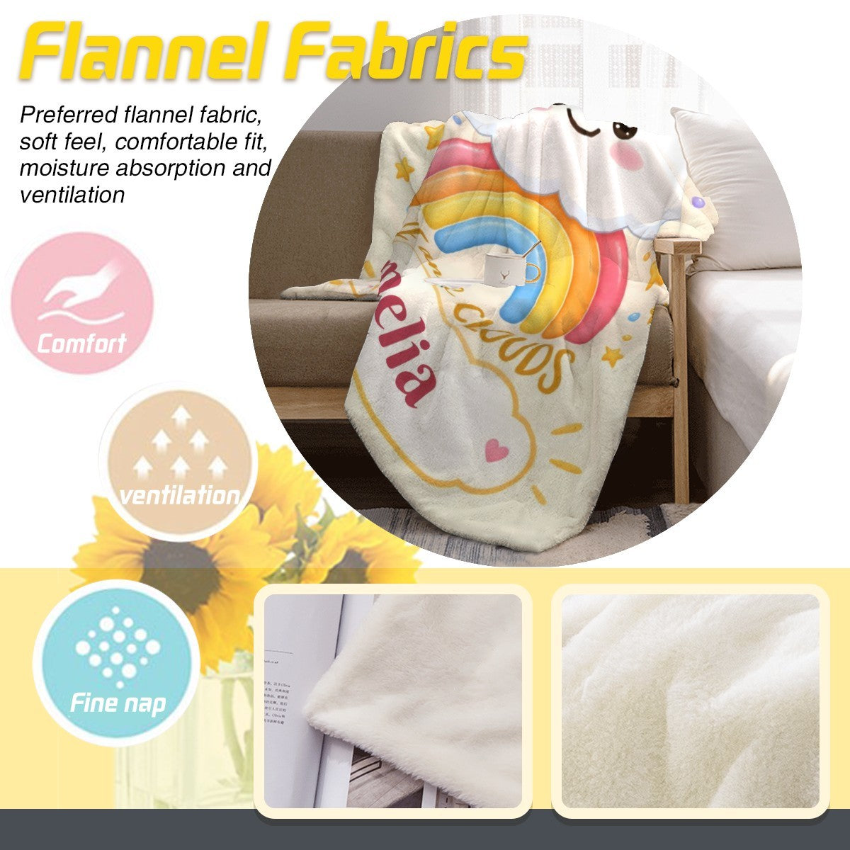Personalized Kawaii Rainbow Cloud Blanket | Custom Name Gift